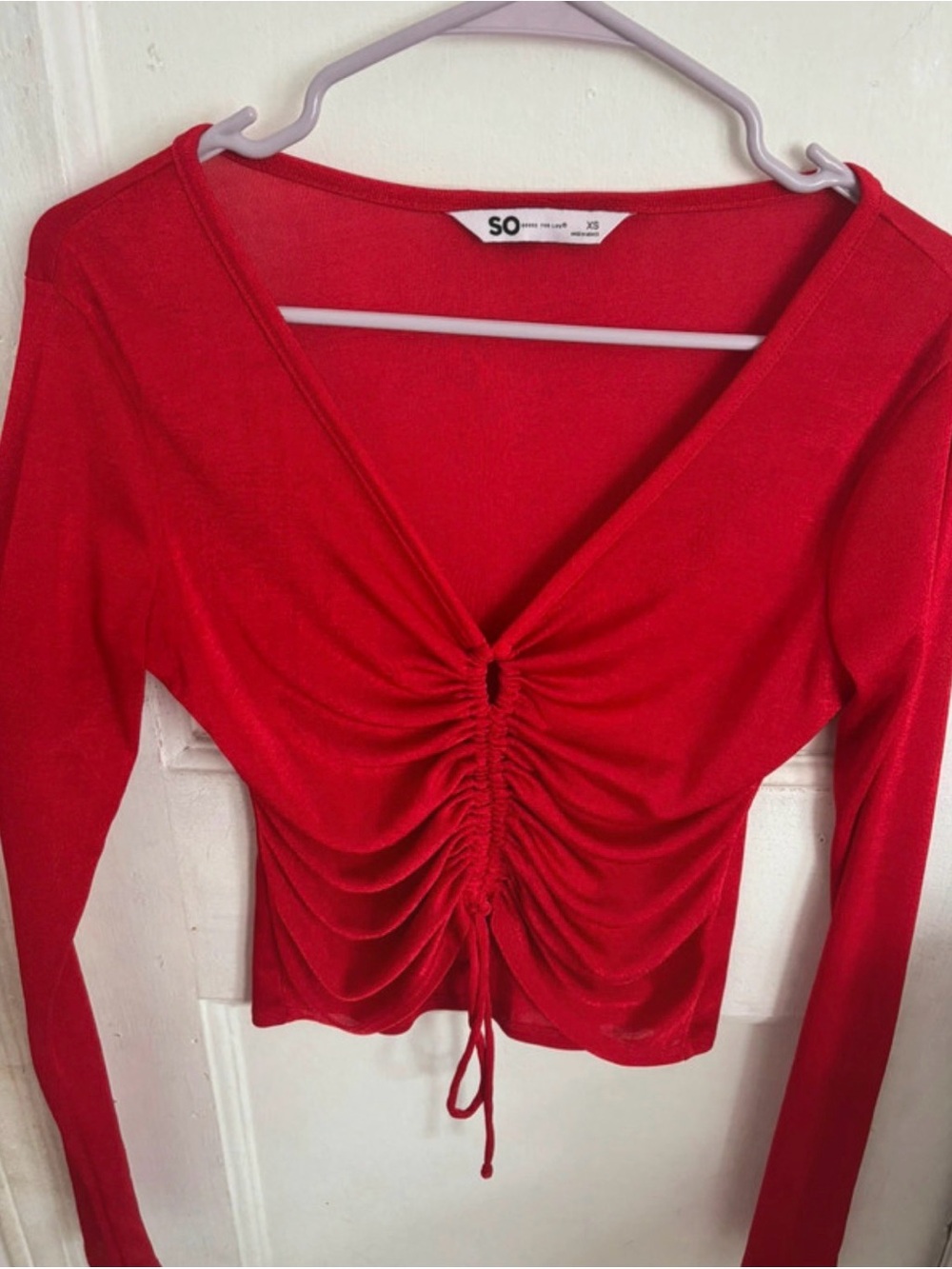 SO Red Ruched V-Neck Long Sleeve Top